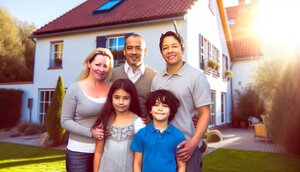 Europaeische Familie vor einem gepflegten Zweifamilienhaus mit Garten