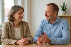 Europäischer Immobilienmakler spricht in einer deutschen Küche mit einem älteren Paar bei Kaffee über einen Wohnungswechsel