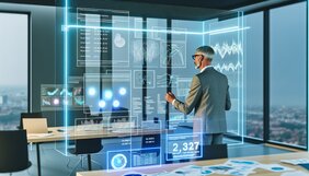 Europäischer Immobilienmakler analysiert KI-gestützte Marktdaten an einem Bildschirm mit Diagrammen und Statistiken in einem deutschen Büro