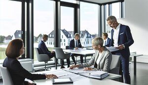 Strukturierte Besprechung eines Immobilienteams mit Checklisten und Qualitätsstandards