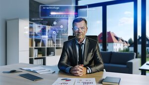 Erfahrener europäischer Immobilienmakler nutzt KI-Technologie am Schreibtisch in einem deutschen Büro