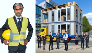 Europäischer Bauunternehmer prüft Baupläne auf einer deutschen Baustelle mit Modulbau-Elementen im Hintergrund