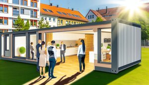 Helle, modern eingerichtete modulare Wohneinheit mit Echtholzparkett und bodentiefen Fenstern in einem deutschen Wohnquartier