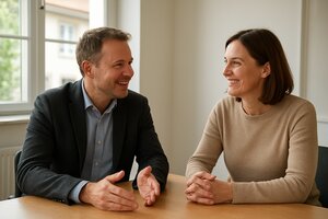 Europäischer Immobilienmakler in getrennten Gesprächen mit Eigentümer und Kaufinteressent