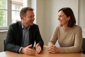 Europäischer Immobilienmakler in getrennten Gesprächen mit Eigentümer und Kaufinteressent