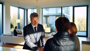 Erfahrener europäischer Immobilienmakler im Gespräch mit einer Familie in einem hellen Wohnzimmer, vertrauensvolle Atmosphäre