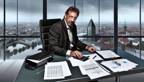 Europäischer Immobilienmakler analysiert Finanzierungsunterlagen an seinem Schreibtisch