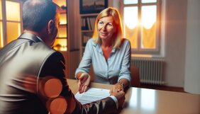 Europäische Geschäftsleute besprechen Immobilienunterlagen in einem einladenden Büro