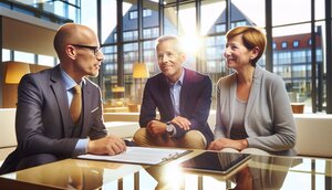 Immobilienmakler im persönlichen Gespräch mit einem Ehepaar in einem hellen Wohnzimmer, alle lächeln, offene und wertschätzende Atmosphäre