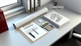 Taschenrechner und Förderbescheide auf einem Schreibtisch neben Bauplänen für eine Gebäudesanierung