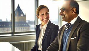 Zwei europäische Immobilienprofis im persönlichen Gespräch in einem modernen Büro in Nürnberg, vertrauensvolle Atmosphäre