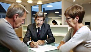 Europäischer Immobilienberater erklärt einem Paar vertrauensvoll Finanzierungsunterlagen
