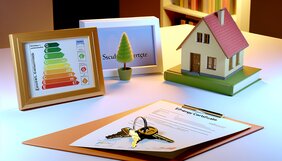 Energieausweis mit Effizienzskala auf einem Schreibtisch neben Hausmodell und Schlüssel