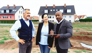 Europäisches Paar besichtigt ein Baugrundstück in einer ländlichen Gemeinde bei Nürnberg, im Hintergrund Neubaugebiet mit modernen Wohnhäusern