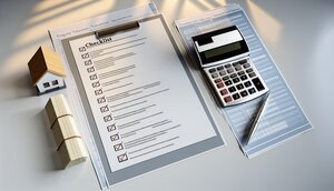 Checkliste mit Stichtagsregelungen für Immobilienbewertung auf einem Schreibtisch neben Taschenrechner und Unterlagen