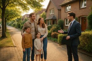 Europäischer Immobilienmakler spricht mit einer Familie über die langfristige Wohnperspektive eines Hauses in Deutschland