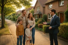 Europäischer Immobilienmakler spricht mit einer Familie über die langfristige Wohnperspektive eines Hauses in Deutschland
