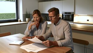 Europäisches Paar am Küchentisch mit Finanzierungsunterlagen, ruhige Gesprächsatmosphäre, helle Wohnung
