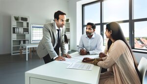 Erfahrener europäischer Immobilienmakler im Gespräch mit einer Familie in einem hellen deutschen Büro, vertrauensvolle Atmosphäre