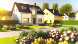 Europäisches Einfamilienhaus mit gepflegtem Garten in einer ruhigen deutschen Wohnsiedlung