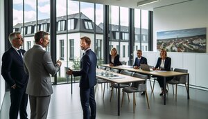 Erfahrener europäischer Immobilienmakler bespricht Verkaufsergebnisse mit seinem Team in einem modernen deutschen Maklerbüro