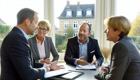 Immobilienmakler im Gespräch mit Erben vor geerbtem Wohnhaus