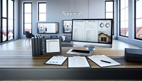 Dokumentenmappe mit Checkliste und Analysediagrammen auf einem Schreibtisch neben einem Laptop mit Immobiliendaten
