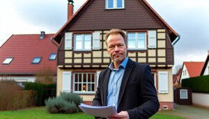 Europaeischer Immobilienmakler vor einem fraenkischen Zweifamilienhaus