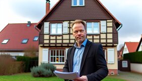 Europaeischer Immobilienmakler vor einem fraenkischen Zweifamilienhaus