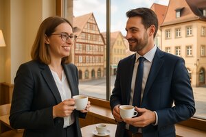 Europäische Steuerberaterin und Immobilienmakler im lockeren Fachgespräch bei einem Kaffee in einem deutschen Café