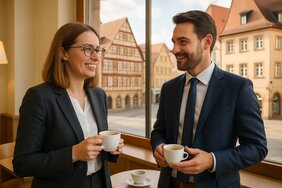 Europäische Steuerberaterin und Immobilienmakler im lockeren Fachgespräch bei einem Kaffee in einem deutschen Café