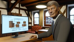 Europäischer Geschäftsmann mittleren Alters betrachtet in einem modernen deutschen Büro ein Schichtdiagramm auf einem großen Bildschirm