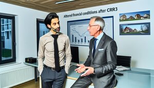 Geschäftsgespräch zwischen Makler und Investor über Finanzierungskonditionen in einem deutschen Büro
