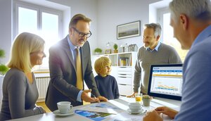 Erfahrener europäischer Immobilienmakler berät eine Familie in einem hellen deutschen Büro mit Blick auf Marktdaten und Immobilienunterlagen