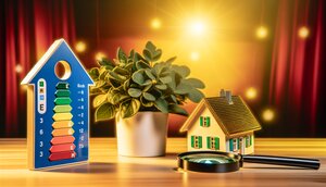 Energieausweis mit farbiger Effizienzskala auf einem Holztisch neben einem Gebäudemodell