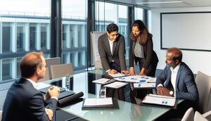 Zwei Personen im Gespräch über Finanzierungsunterlagen an einem hellen Schreibtisch in einem modernen Büro