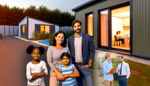Europäische Familie vor einem modernen modularen Wohnhaus, warmes Licht, Garten mit Spielgeräten, ruhige Wohnsiedlung