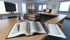 Strukturierte Dokumentenmappe mit Baurecht-Paragraphen und Checkliste auf einem deutschen Schreibtisch
