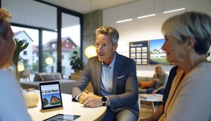 Europäischer Immobilienmakler im persönlichen Beratungsgespräch mit Kunden, modernes Büro mit digitalen Hilfsmitteln im Hintergrund