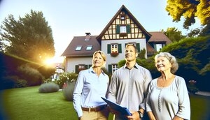 Familie steht zusammen vor dem geerbten Elternhaus