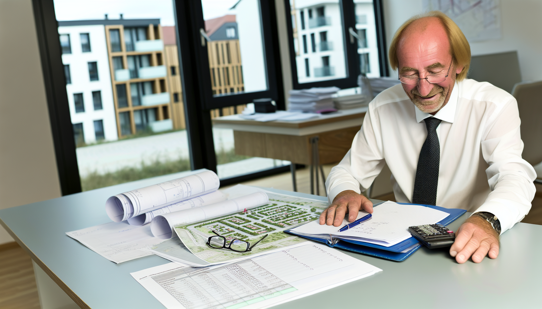 Deutscher Immobilienmakler analysiert Bauplanungsunterlagen und Kostenvergleiche am Schreibtisch