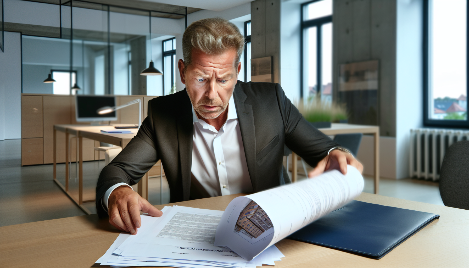 Europäischer Immobilienexperte prüft Baugenehmigungsunterlagen in einem deutschen Büro
