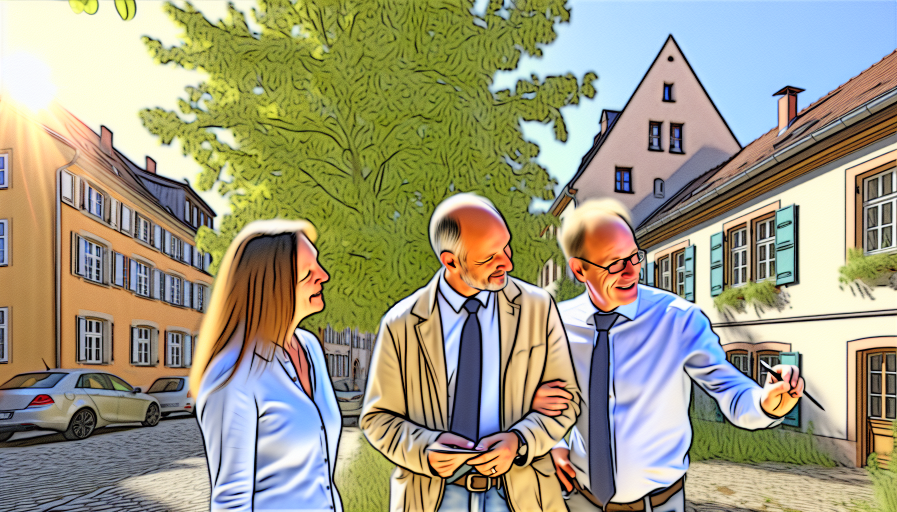 Europäischer Immobilienmakler im Gespräch mit einem Ehepaar vor einem charmanten Bestandsgebäude in einer deutschen Wohngegend