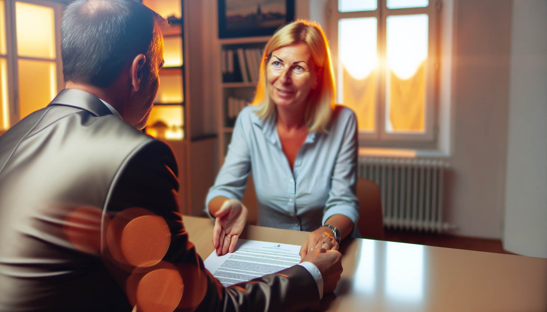 Europäische Geschäftsleute besprechen Immobilienunterlagen in einem einladenden Büro