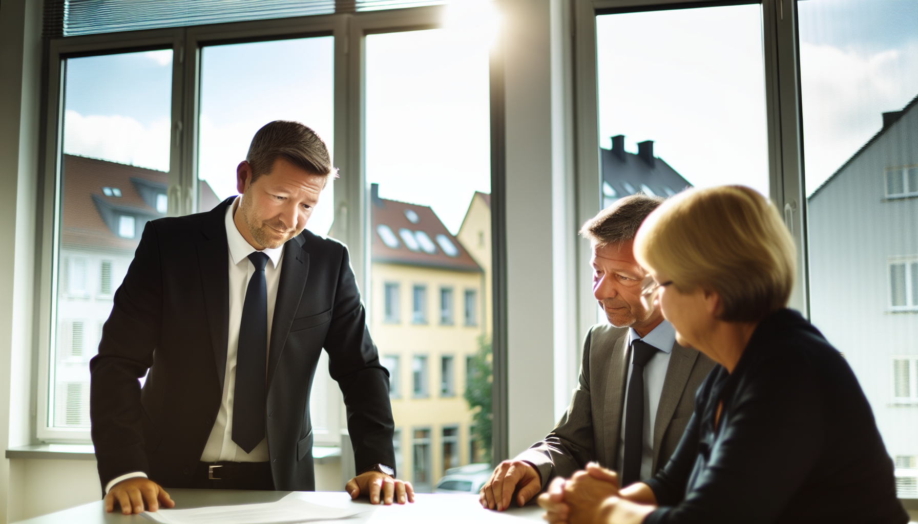 Erfahrener Immobilienmakler im Gespräch mit einem Ehepaar in einem hellen Büro in Nürnberg