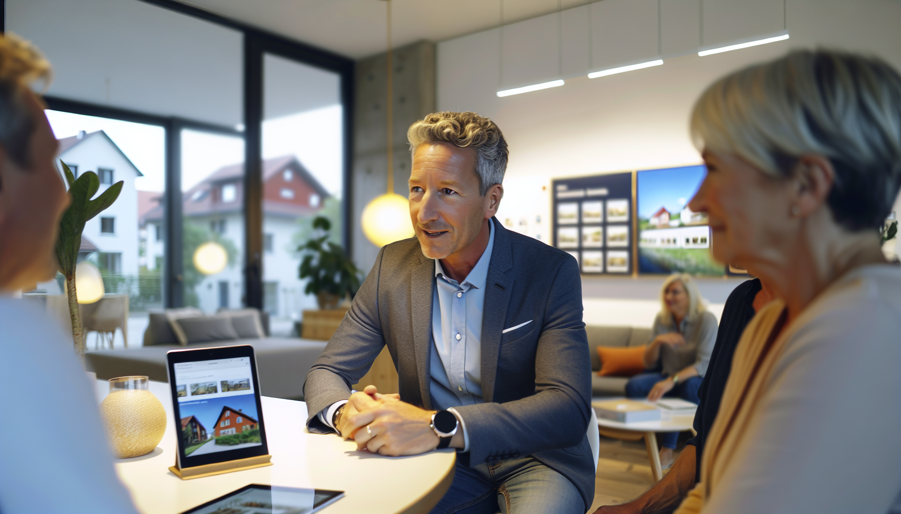 Europäischer Immobilienmakler im persönlichen Beratungsgespräch mit Kunden, modernes Büro mit digitalen Hilfsmitteln im Hintergrund