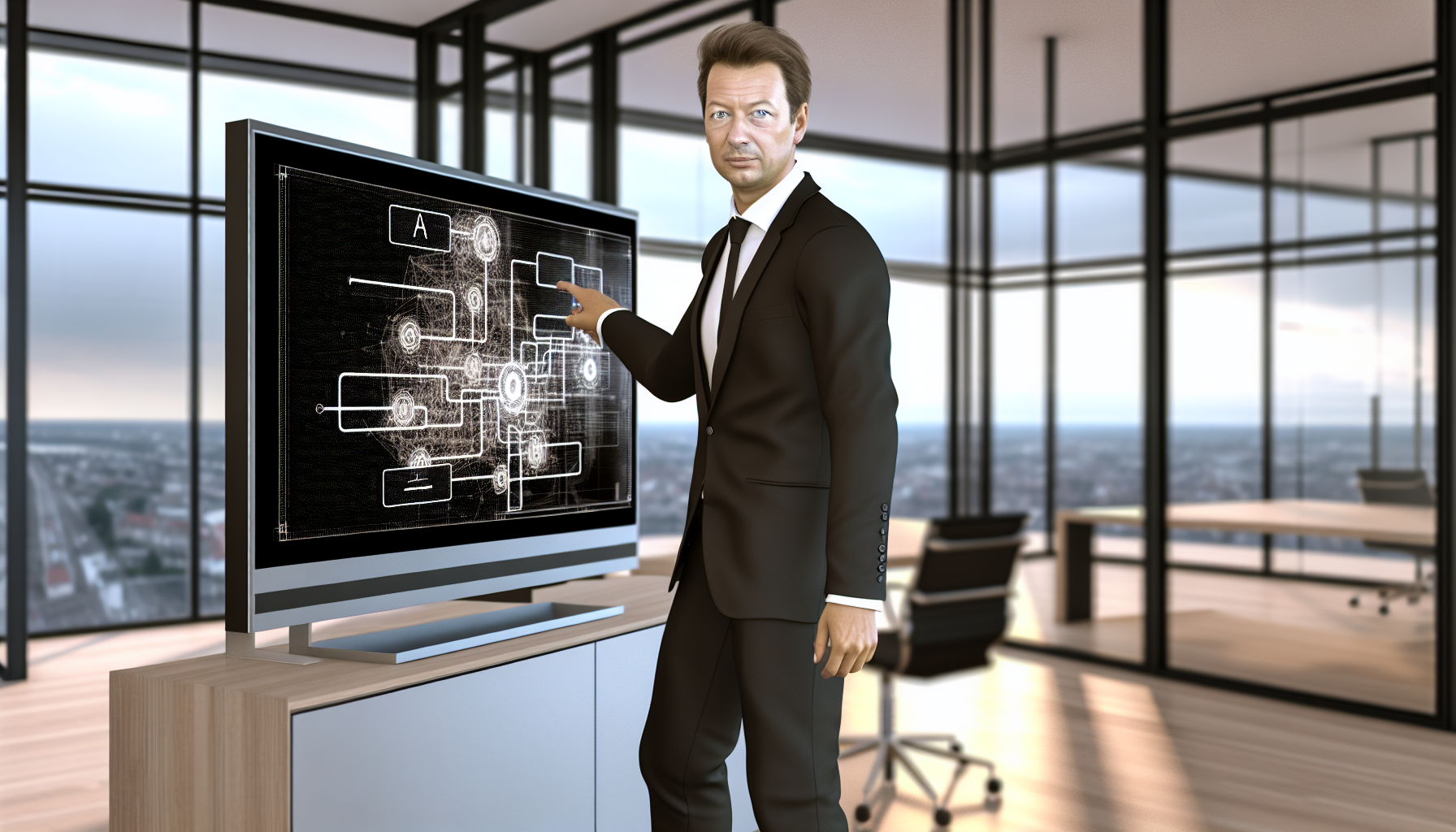 Europäischer Geschäftsmann analysiert KI-Architekturdiagramm auf einem großen Bildschirm in einem modernen deutschen Büro