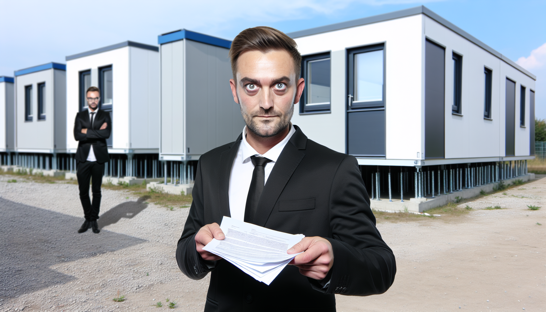 Europäischer Geschäftsmann Anfang 50 vor einem modernen Modulgebäude mit Finanzierungsunterlagen in der Hand, deutsches Wohnviertel im Hintergrund