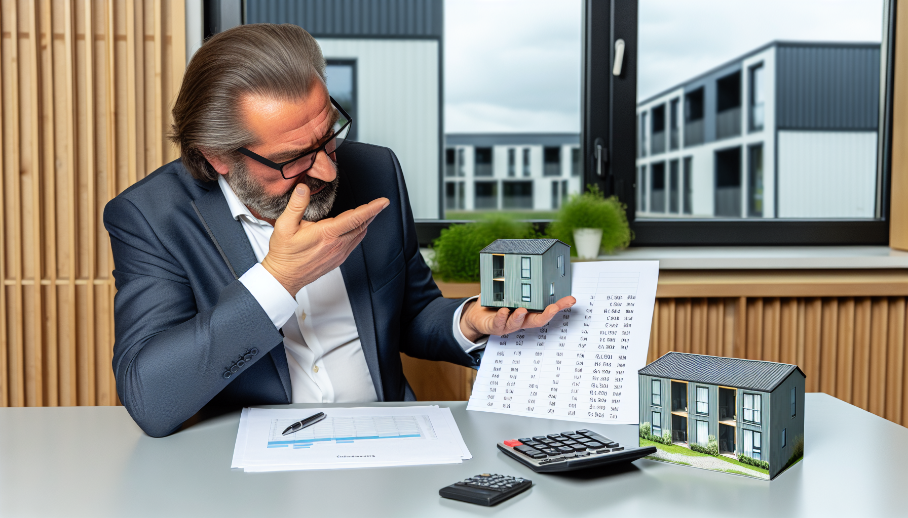 Deutscher Immobilienmakler vergleicht Finanzierungsszenarien für modulare Wohneinheiten am Schreibtisch