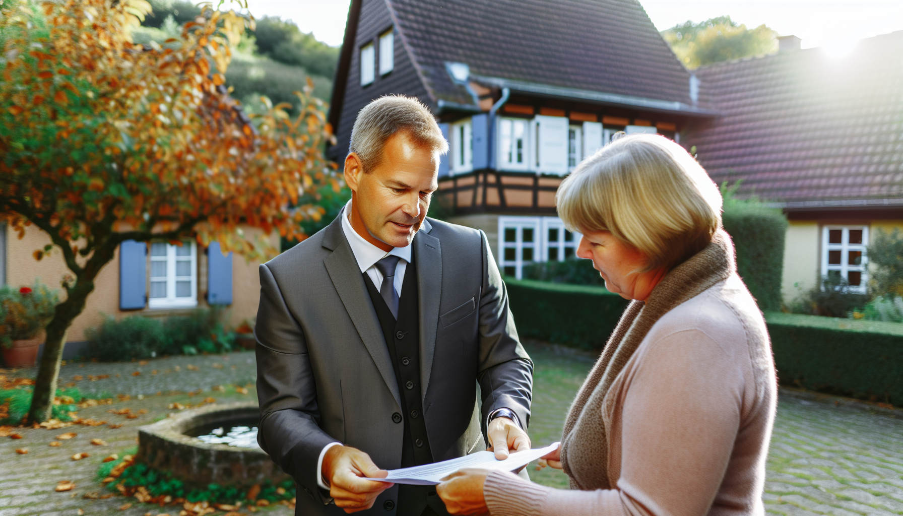 Immobilienmakler berät Eigentümerin vor Wohnhaus